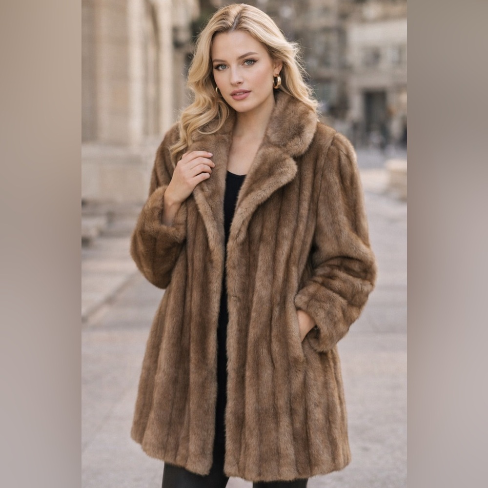 Vintage Luxury Women's Brown Faux Fur french Coat Dubroswsky & Pearl binder